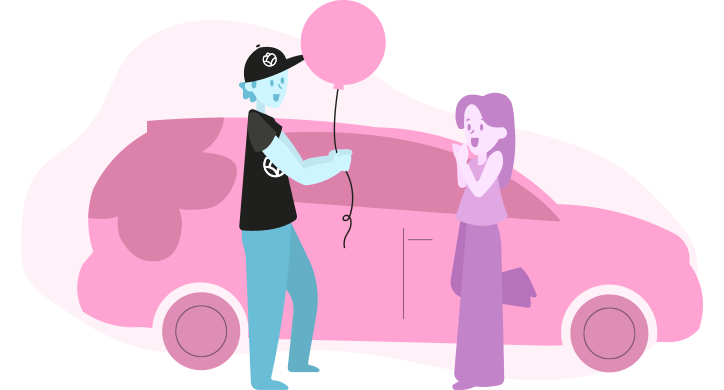 Envío de regalos personalizados: Ilustración de un repartidor entregando un globo de helio personalizado a una mujer. 