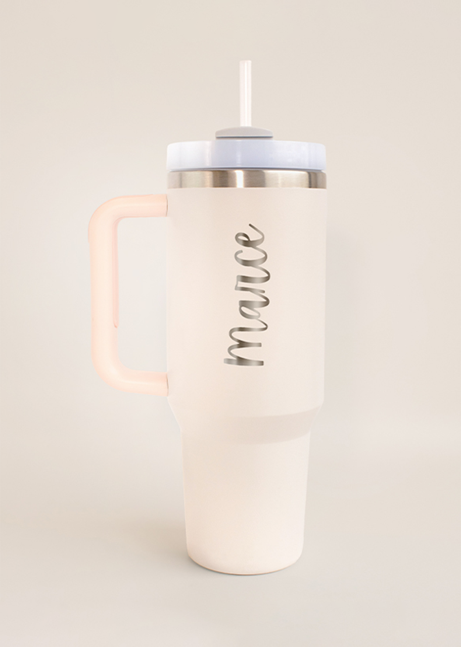 Vaso para personalizar: Vaso personalizado térmico blanco de acero inoxidable con popote y asa grabado con nombre 'Marce'